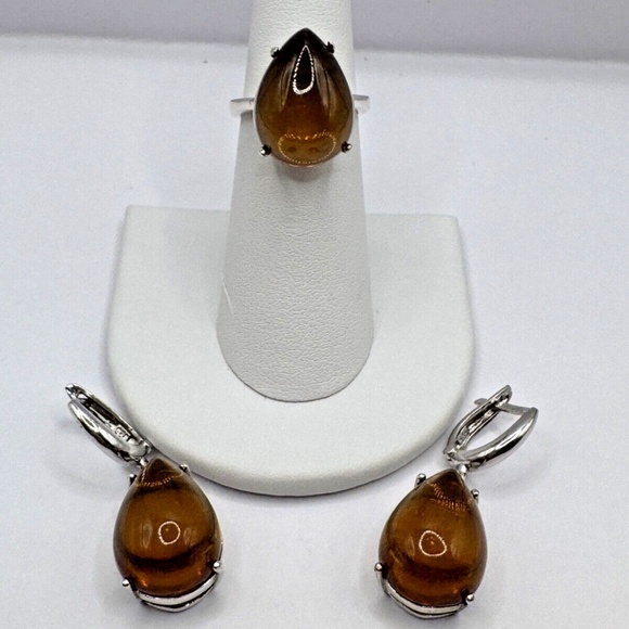 Color Change Created Zoisite Pear Cabochon Ring and Earring Set - Sterling 5.75 - Picture 1 of 10